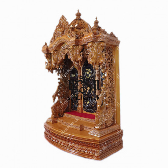 Exquisitely Crafted Big Wooden Mandir Temple Peacock Design for UK