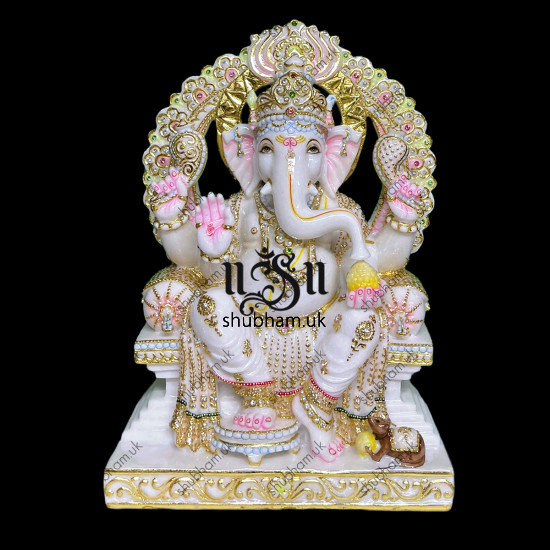 Extremely Beautiful Ganesha God Ganapati White Marble Moorti Statue 