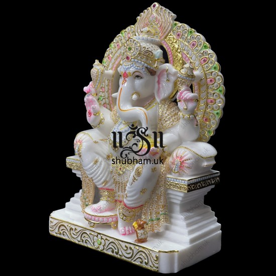 Magnificent Handcrafted White Marble Statue -  Blissful Seated Ganesh Idol for home