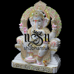 Magnificent Handcrafted White Marble Statue -  Blissful Seated Ganesh Idol for home