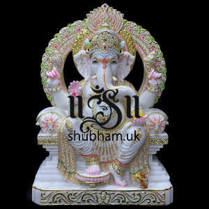 Magnificent Handcrafted White Marble Statue -  Blissful Seated Ganesh Idol for home