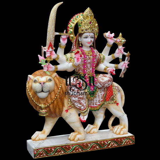 Embellished look Handcarved Marble Durga Maa Statue Idol UK