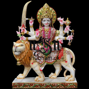 Embellished look Handcarved Marble Durga Maa Statue Idol UK