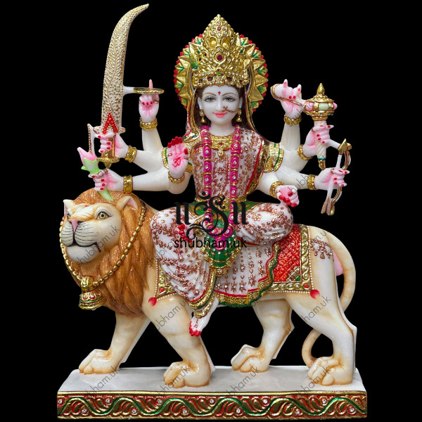 Embellished look Handcarved Marble Durga Maa Statue Idol UK