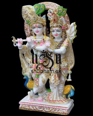 Exquisite Pure White Marble Radha Krishna Statue Idol UK 21 inch