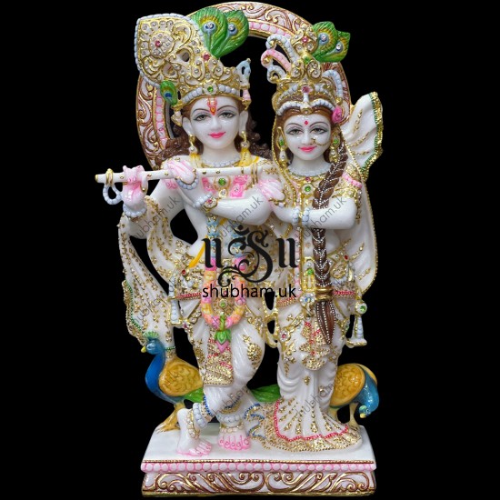 Exquisite Pure White Marble Radha Krishna Statue Idol UK 21 inch