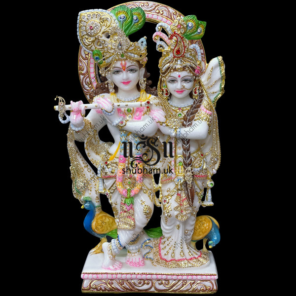 Exquisite Pure White Marble Radha Krishna Statue Idol UK 21 inch