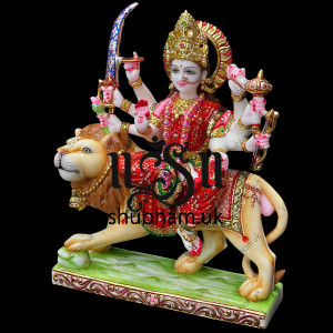 Elegant Durga Mata Idol Murti in Gorgeous  Red Saree in Marble Stone