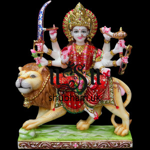 Elegant Durga Mata Idol Murti in Gorgeous  Red Saree in Marble Stone