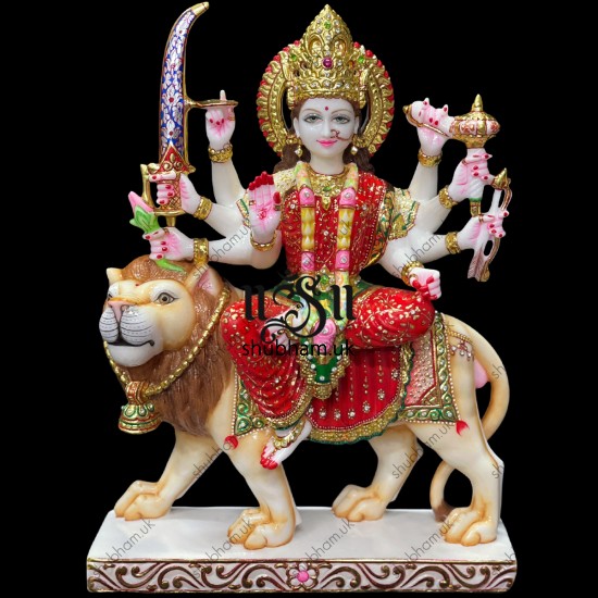 Extremely Beautiful Devi Maa Marble Murti Statue of Durga Mata seated on Lion