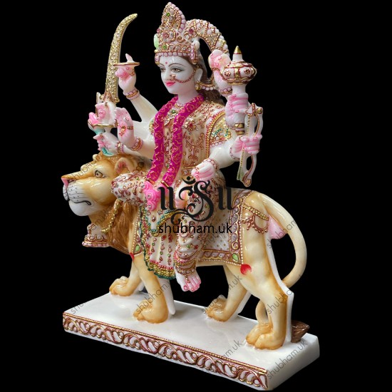 Engraved Beautifully Markrana White Marble Durga Mata Statue 18 inch Murti