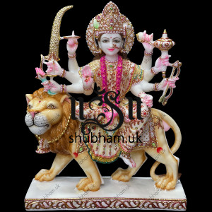 Engraved Beautifully Markrana White Marble Durga Mata Statue 18 inch Murti