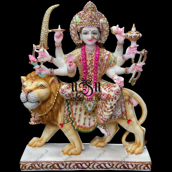 Engraved Beautifully Markrana White Marble Durga Mata Statue 18 inch Murti