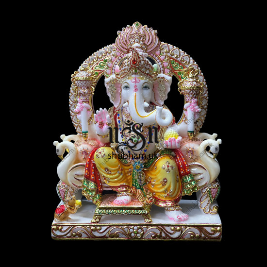 Extremely beautiful  Ganesha Marble Statue seated on Sinhasan for home in the UK