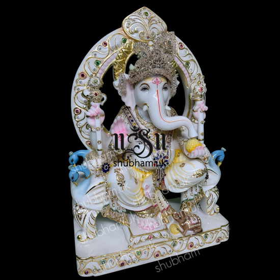 Extremely beautiful  Ganesha Marble Statue seated on Sinhasan for home in the UK