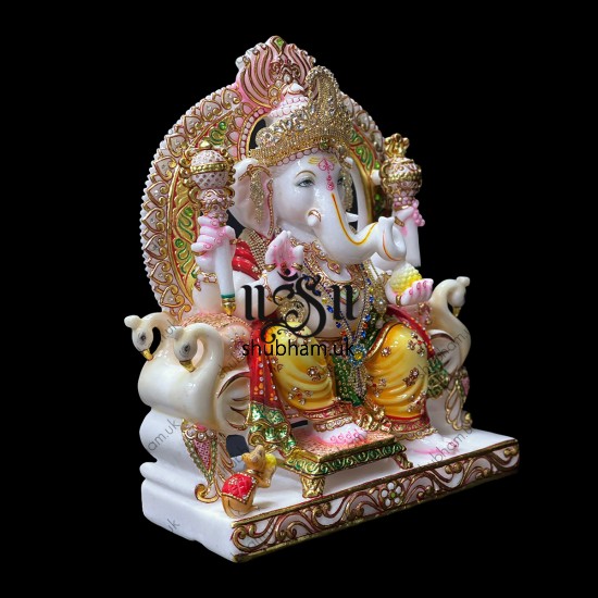 Extremely beautiful  Ganesha Marble Statue seated on Sinhasan for home in the UK