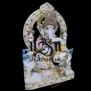 Extremely beautiful  Ganesha Marble Statue seated on Sinhasan for home in the UK