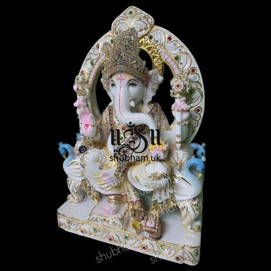 Extremely beautiful  Ganesha Marble Statue seated on Sinhasan for home in the UK