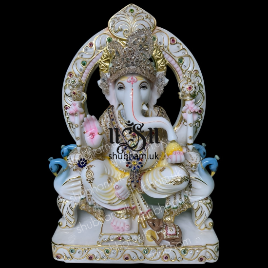 Extremely beautiful  Ganesha Marble Statue seated on Sinhasan for home in the UK