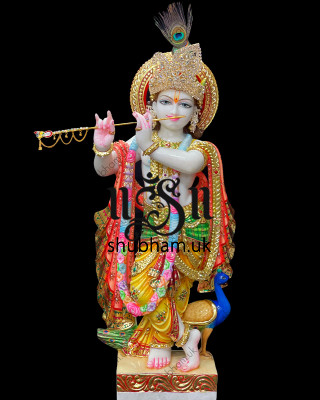 Stunning 30 inch Makrana Marble Statue Murti of Lord Krishna for home