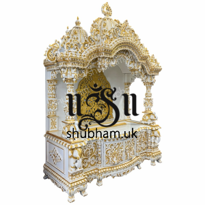 Big Teak Wooden Mandir for Home in White with Gold highlights