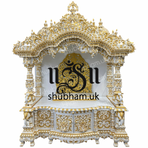 Big Teak Wooden Mandir for Home in White with Gold highlights