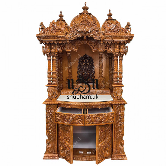 Designer Teak wood Puja Temple with high drawers
