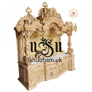 Exquisite Sevan Wood Gold Puja Ghar Mandir Wooden Temple UK