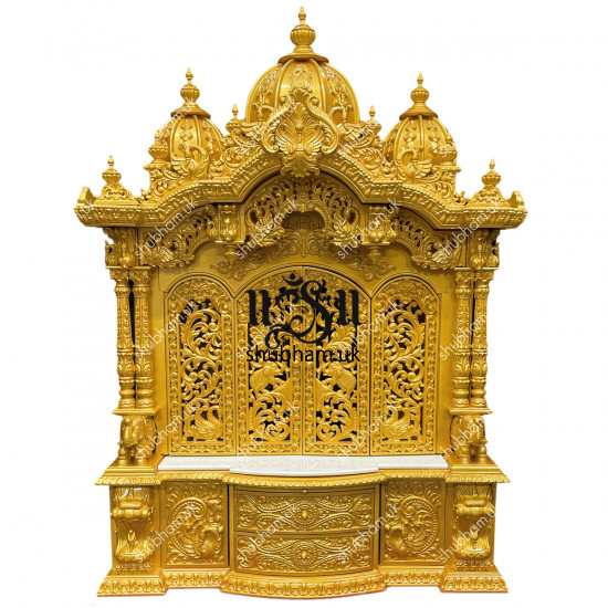 Exquisite Sevan Wood Gold Puja Ghar Mandir Wooden Temple UK
