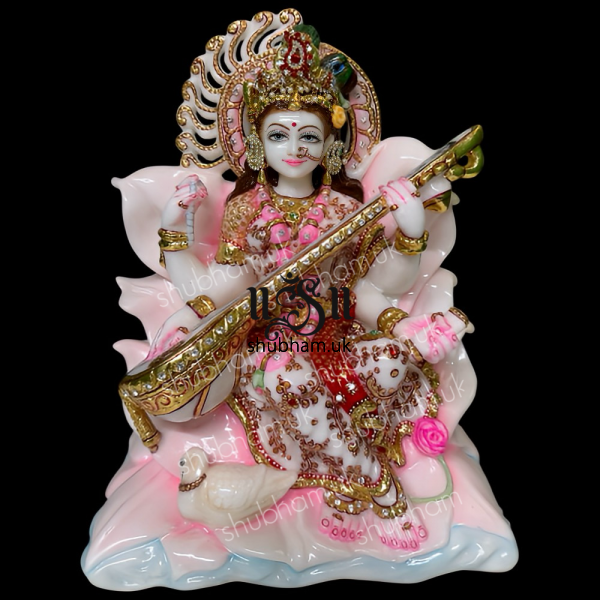 Saraswati Mata White Marble Statue