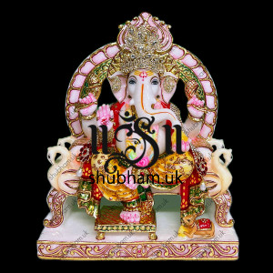God of beginnings, Ganesh Ji Peacock Seat Marble Statue - 12 inch