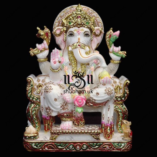 White Marble Hand Carved Ganeshji Murti - 15 inch