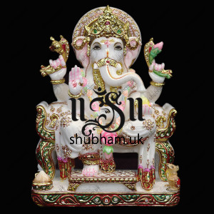 White Marble Hand Carved Ganeshji Murti - 15 inch