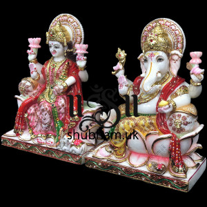 Hindu God Ganesh Ji and Laxmi Mata Seated on Lotus - 15 inch Hindu God Ganesh Ji and Laxmi Mata Seated on Lotus - 15 inch