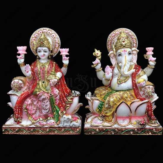 Hindu God Ganesh Ji and Laxmi Mata Seated on Lotus - 15 inch