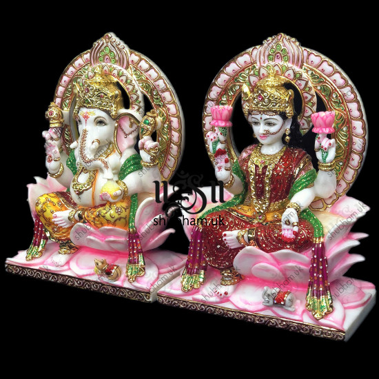 Ganesha and Laxmi Mata Seated on Lotus Sinhasan UK - 15 inch