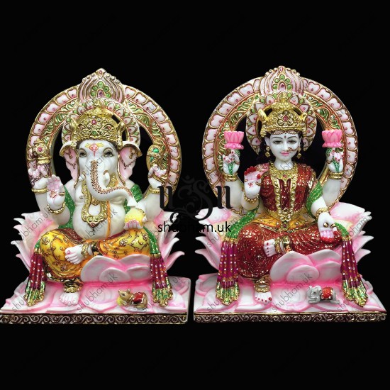 Ganesha and Laxmi Mata Seated on Lotus Sinhasan UK - 15 inch