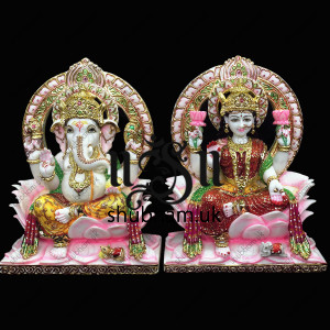 Ganesha and Laxmi Mata Seated on Lotus Sinhasan UK - 15 inch