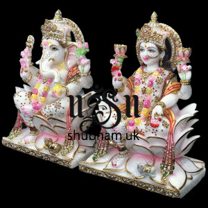 Ganesh Ji and Laxmi Mata Seated on Lotus flower - 15 inch Ganesh Ji and Laxmi Mata Seated on Lotus flower - 15 inch