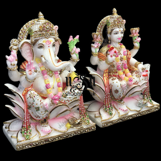 Ganesh Ji and Laxmi Mata Seated on Lotus flower - 15 inch Ganesh Ji and Laxmi Mata Seated on Lotus flower - 15 inch
