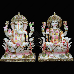 Ganesh Ji and Laxmi Mata Seated on Lotus flower - 15 inch
