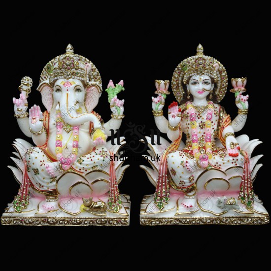 Ganesh Ji and Laxmi Mata Seated on Lotus flower - 15 inch