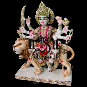 Maa Durga On Lion From White Marble Stone - 15 inch