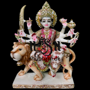Maa Durga On Lion From White Marble Stone - 15 inch