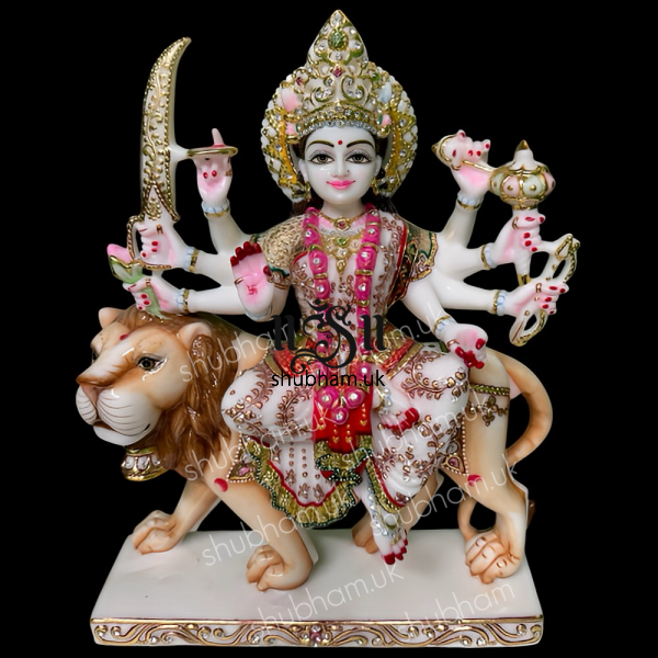 Maa Durga On Lion From White Marble Stone - 15 inch