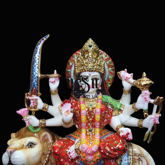 Marble Durga Mata Murti with Painting - 15 inch