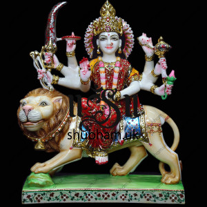 Goddess Durga Statue from White Marble - 16 inch