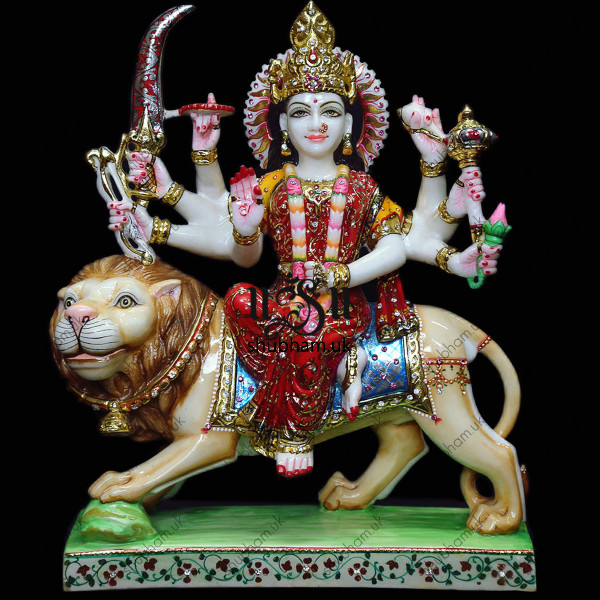 Goddess Durga Statue from White Marble - 16 inch