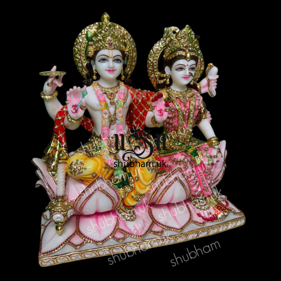 Laxmi Mata and Vishnu Ji Seated on Lotus Flower - White Marble Statue - 15 inch