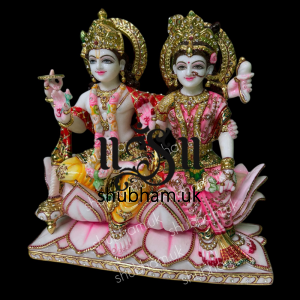 Laxmi Mata and Vishnu Ji Seated on Lotus Flower - White Marble Statue - 15 inch